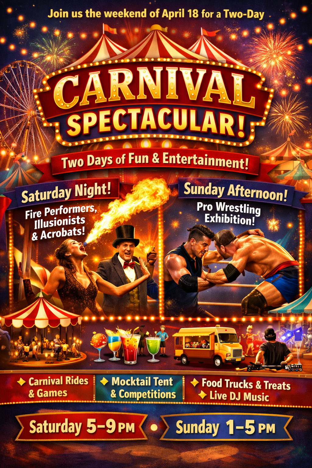 Promotional poster for a carnival event with performers and attractions.
